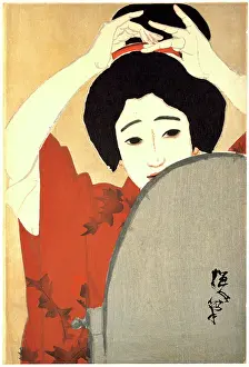 Hand Prints: Woman Adjusting Her Hair in Front of the Mirror, 1930. Artist: Kitano Tsunetoni