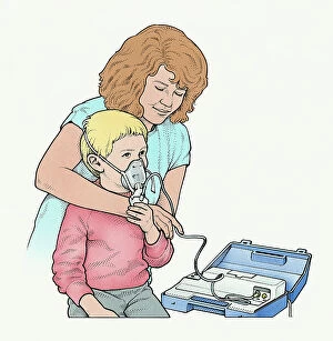 Images Dated 25th June 2008: Woman applying nebulizer mask around boy's head