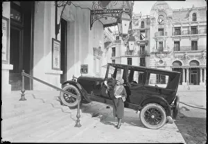 Stairway Prints: Woman and Automobile on Steps of Hotel
