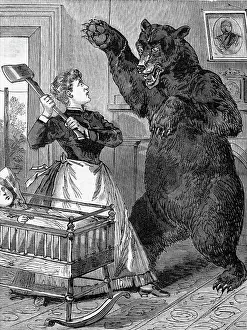 Frontiers Prints: Woman With Axe Fights Bear; Woodcut