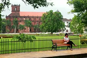 Images Dated 20th July 2014: Woman in front of Basilica of Bom Jesus at Old Goa