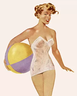 Leisure Time Collection: Woman in Bathing Suit Holding a Beach Ball