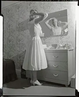 Vanity Prints: Woman Brushing her Hair Before Mirror