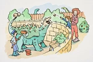 Visit Collection: Woman and child throwing food to green dinosaur being groomed within walled area of dinosaur zoo