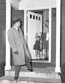 Farewell Prints: Woman & Children Waving as Father Leaves