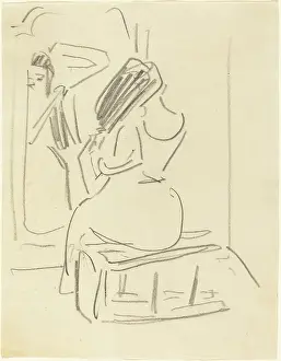 B And W Prints: A Woman Combing Her Hair In Front Of A Mirror