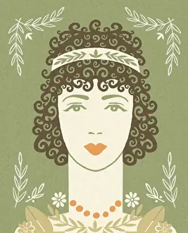 Green Background Prints: Woman With Curly Hair