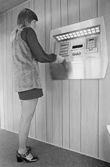 Convenience Prints: Woman Demonstrating First Automated Teller Machine at Bank