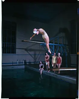 Wellesley Prints: Woman Diving Backwards off Board