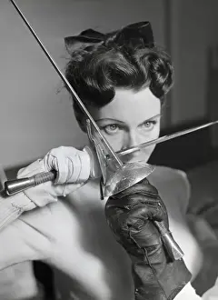 Feminism Prints: Woman in a Duel, Holding Foil Against Foil