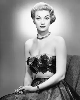 Black Colour Prints: Woman in evening dress posing in studio (B&W), portrait
