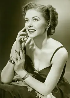 Woman in evening gown, posing, (B&W), (Portrait)