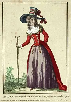 Activities Prints: Woman in a fashionable English rodingotte walking through the Jardin Royal