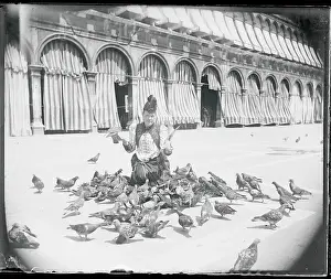 Town Scene Prints: Woman Feeding Pigeons
