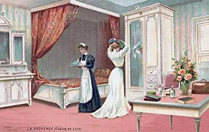 Woman Fixing Her Hat in Mirror Aboard Ship