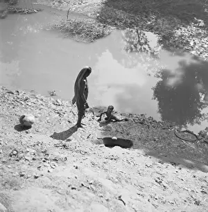 East Pakistan Prints: Woman Gathering Youngsters Playing on Edge of River