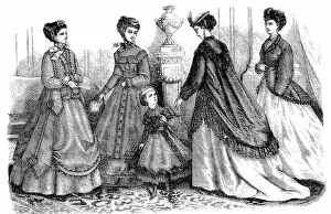 Four woman and two girls in the latest spring fashions, costumes and ready-to-wear by Madame Mary-Moison, shawls for dresses from the Malle des Indes shops, Marie Antoinette petticoats by Madame Bouland, 1869, France, Historic, digitally restored
