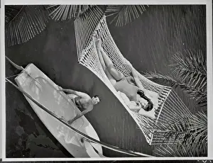 Photographic Study Prints: Woman in Hammock Being Gazed Upon by Man with Sailboat