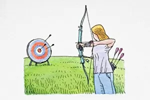 Woman holding bow and arrow, aiming at target