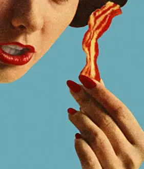 Piece Prints: Woman Holding a Piece of Bacon