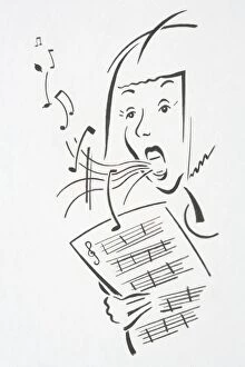 Images Dated 7th August 2006: Woman holding staved sheets for musical notation singing with notes flying out of her mouth