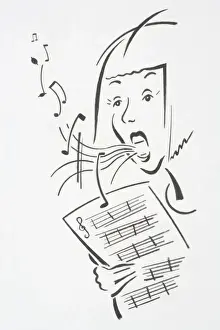Song Prints: Woman holding staved sheets for musical notation singing with notes flying out of her mouth