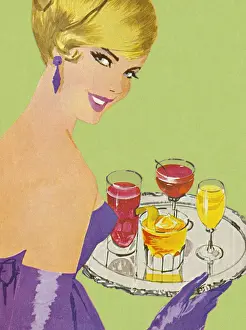 Woman Holding Tray of Drinks