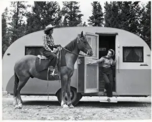 Banff Prints: Woman On Horse Talks To Woman In Trailer