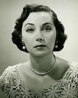 Earring Prints: Woman in lace dress posing in studio, (B&W), (Close-up), (Portrait)