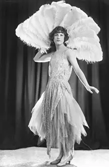 Feather Plume Prints: Woman with Large Feather Fan Wearing Evening Dress