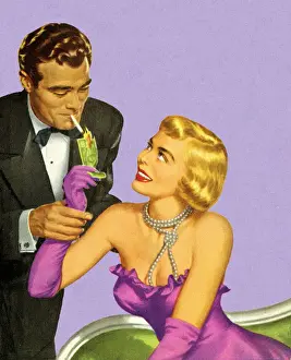 man lighting woman's cigarette vintage man lighting woman's cigarette Silhouette