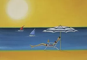 Mandy Pritty Collection: Woman Lying on a Sun Lounger Under a Parasol on a Sunny Beach