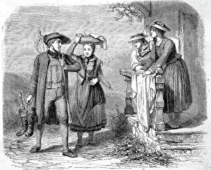 For A Swim Prints: Three woman and a man in traditional costumes from Bavaria and Baden in the 19th century