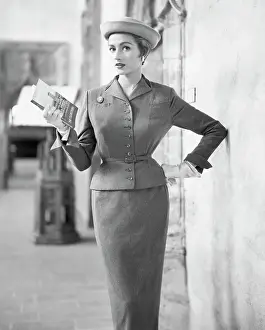 Cloisters Prints: Woman Modeling Chesterfield Suit Outside