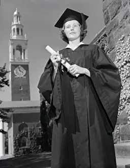 College Student Prints: Woman in Mortarboard and Gown