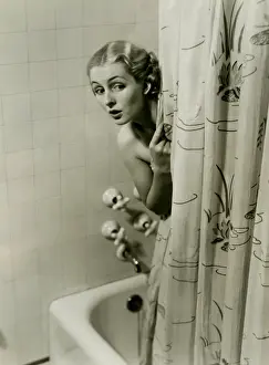Easy Retouch Prints: Woman peeking from behind shower curtain