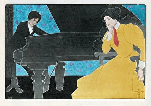 Art Nouveau Collection: Woman playing a piano concert Art nouveau illustration 1898