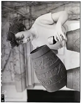 Wine Glass Prints: Woman Pouring Wine From Wooden Mug