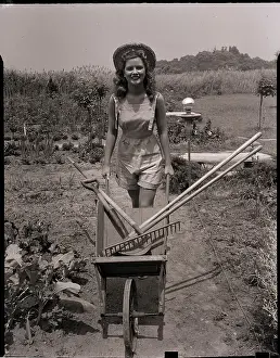 Wheelbarrow Prints: Woman Pushing Wheelbarrow in Garden