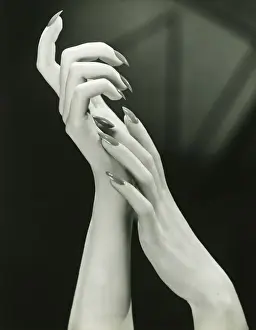 Neat Prints: Woman raising hands (Close-up of hands), (B&W)