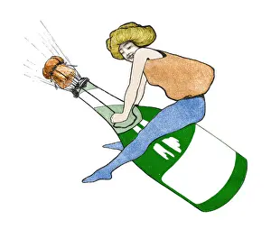 Woman riding champagne bottle at new year art nouveau 1897