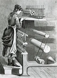 New England Prints: Woman Seated At Old Spinning Frame;Loom