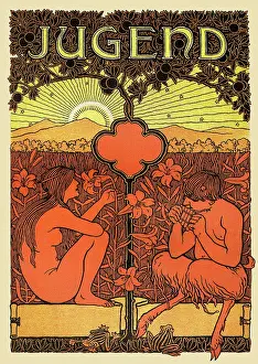 Art Noveau Prints: Woman with shepherd pan playing flute under tree drawing art nouveau 1896