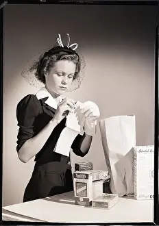 Woman Shopper with Groceries and Ration Book