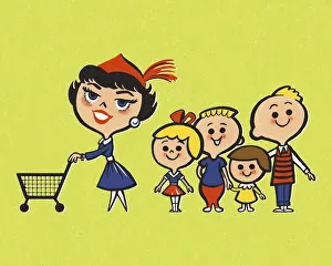 Shop Gallery: Woman with Shopping Cart and Four Children