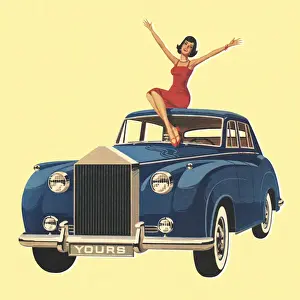 Part Of Vehicle Prints: Woman Sitting on Blue Car