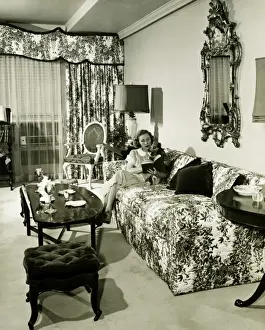 Quality Time Prints: Woman sitting on couch in opulent living room, reading book, (B&W)