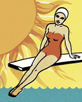 Poolside Prints: Woman Sitting on a Diving Board