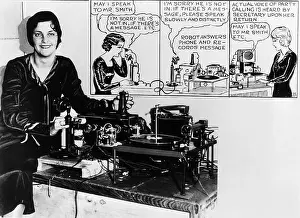 Record Player Prints: Woman Sitting Next to Early Answering Machine