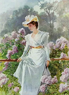 Woman sitting thoughtful in garden 1900
